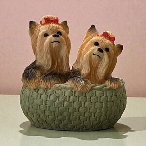 Yorkie Dog Figurine in Woven Basket
